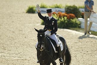 Dressage rider Nathalie zu Sayn-Wittgenstein trusts in REGUPOL equestrian floors Dressage rider Nathalie zu Sayn-Wittgenstein at a competition