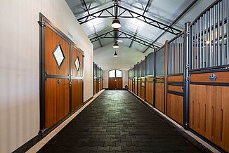 Blick in den Pferdestall mit Stallgasse aus Verbundpflaster