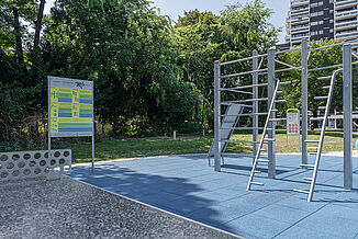 Calisthenics-Trainingsgeräte in Ludwigshafen mit REGUPOL playfix FX Fallschutzboden Calisthenics-Trainingsgeräte am Rudolf-Hoffmann-Platz in Ludwigshafen am Rhein auf blauem REGUPOL playfix FX Fallschutzboden