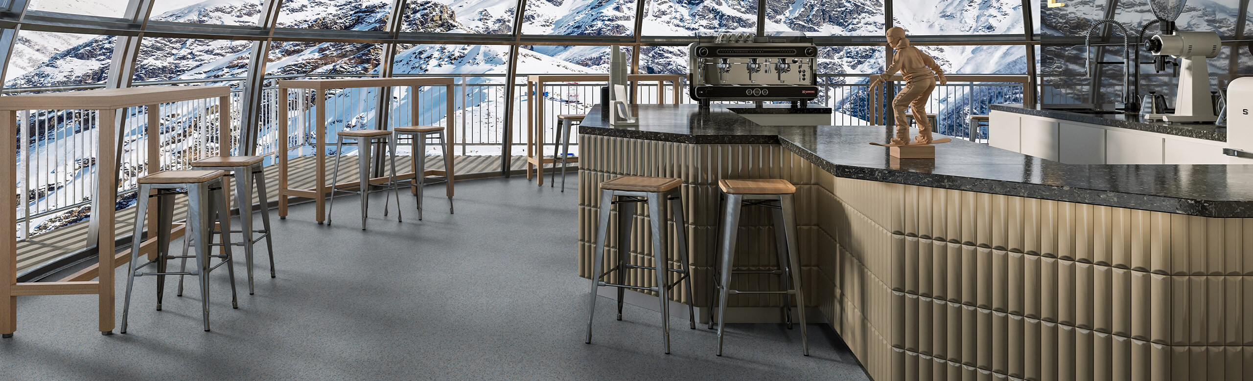 A catering area with a bar, tables and chairs and a view of the snow-covered mountains through a glass front with REGUPOL everroll alpine as a non-slip flooring.