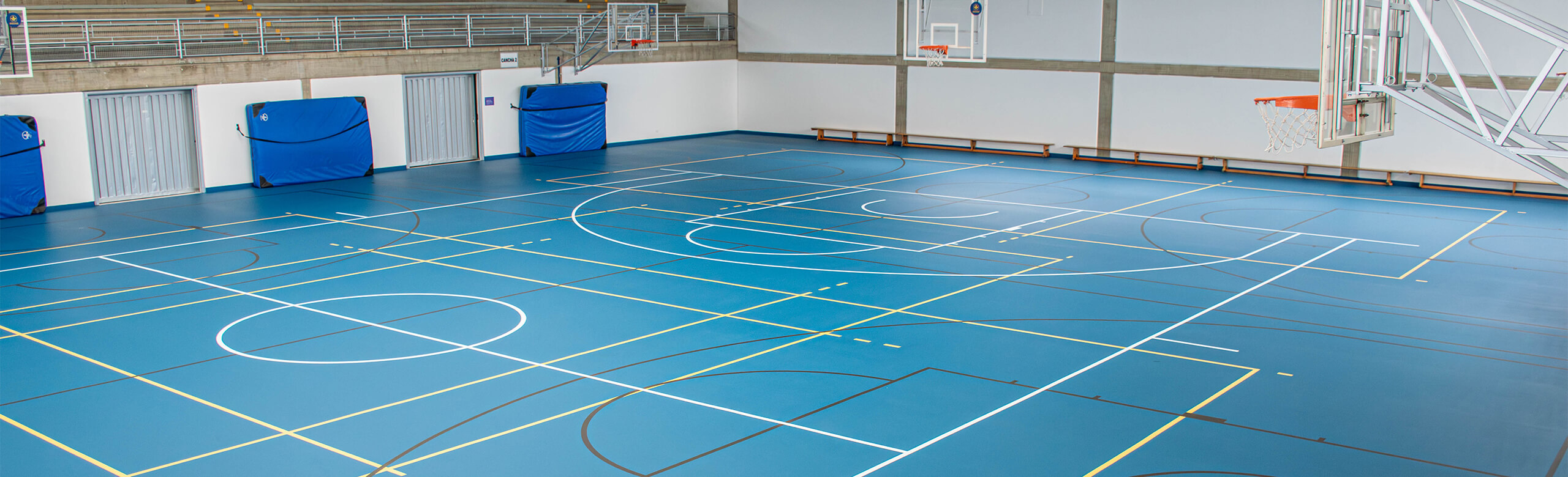 REGUPOL classic sports hall flooring in blue in a hall Sports hall with blue REGUPOL dynamic classic sports hall flooring and line markings